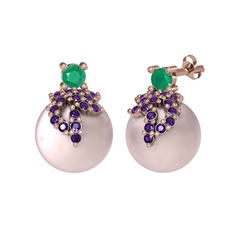 Afra İnci Küpe - Kök zümrüt, ametist ve pembe inci 18 ayar rose altın küpe #t7omxk