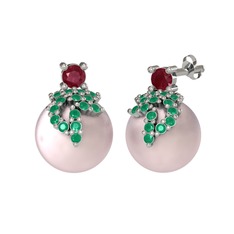 Kök yakut, kök zümrüt ve pembe inci 14 ayar beyaz altın küpe