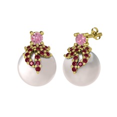 Afra İnci Küpe - Pembe kuvars, kök yakut ve inci 18 ayar altın küpe #tgl1qj