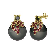 Afra İnci Küpe - Peridot, kök yakut ve siyah inci 18 ayar altın küpe #toeqhw