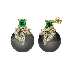 Yeşil kuvars, swarovski ve siyah inci 14 ayar altın küpe