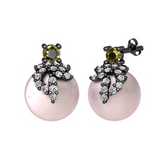 Afra İnci Küpe - Peridot, swarovski ve pembe inci 925 ayar siyah rodyum kaplama gümüş küpe #ue2zg2