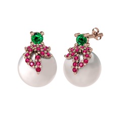 Afra İnci Küpe - Yeşil kuvars, rodolit garnet ve inci 8 ayar rose altın küpe #ugcjg9