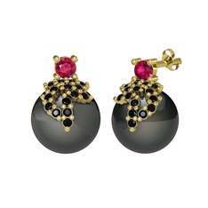 Afra İnci Küpe - Rodolit garnet, siyah zirkon ve siyah inci 8 ayar altın küpe #umoooj