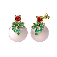 Garnet, kök zümrüt ve pembe inci 14 ayar altın küpe