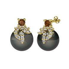 Afra İnci Küpe - Dumanlı kuvars, swarovski ve siyah inci 18 ayar altın küpe #vhjz9j