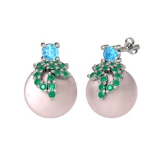 Akuamarin, kök zümrüt ve pembe inci 14 ayar beyaz altın küpe