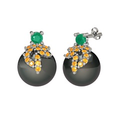 Afra İnci Küpe - Kök zümrüt, sitrin ve siyah inci 925 ayar gümüş küpe #vwpd4q