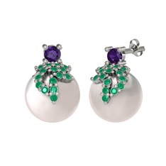 Afra İnci Küpe - Ametist, kök zümrüt ve inci 14 ayar beyaz altın küpe #vx68es