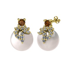 Afra İnci Küpe - Dumanlı kuvars, pırlanta ve inci 14 ayar altın küpe (0.352 karat) #vy2uhe