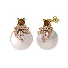 Dumanlı kuvars, pembe kuvars ve inci 14 ayar altın küpe