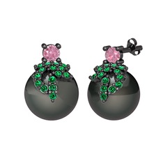 Afra İnci Küpe - Pembe kuvars, yeşil kuvars ve siyah inci 925 ayar siyah rodyum kaplama gümüş küpe #w2vk8s