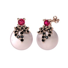 Afra İnci Küpe - Rodolit garnet, siyah zirkon ve pembe inci 18 ayar rose altın küpe #w5lh0j