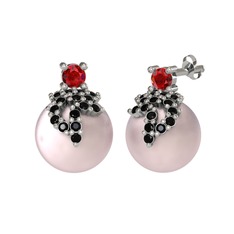 Garnet, siyah zirkon ve pembe inci 14 ayar beyaz altın küpe