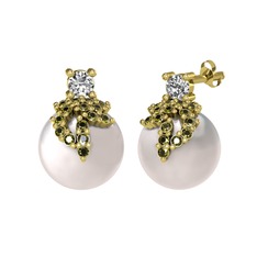 Afra İnci Küpe - Swarovski, peridot ve inci 14 ayar altın küpe #wozswg