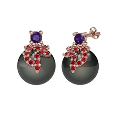 Afra İnci Küpe - Ametist, garnet ve siyah inci 14 ayar rose altın küpe #ww4u08