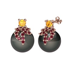 Afra İnci Küpe - Sitrin, kök yakut ve siyah inci 8 ayar rose altın küpe #wxgavt