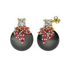 Afra İnci Küpe - Swarovski, rodolit garnet ve siyah inci 14 ayar altın küpe #xa2jou