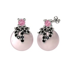 Afra İnci Küpe - Pembe kuvars, siyah zirkon ve pembe inci 18 ayar beyaz altın küpe #xacyob