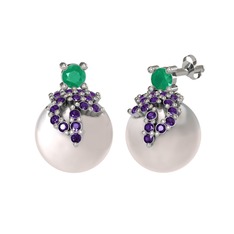 Afra İnci Küpe - Kök zümrüt, ametist ve inci 14 ayar beyaz altın küpe #xd5vr5