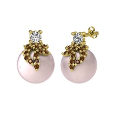 Swarovski, dumanlı kuvars ve pembe inci 14 ayar altın küpe
