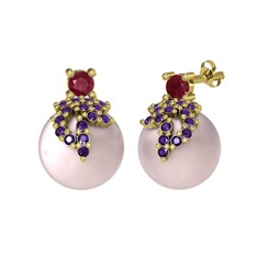 Afra İnci Küpe - Kök yakut, ametist ve pembe inci 8 ayar altın küpe #xnfl37