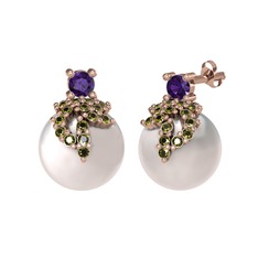 Afra İnci Küpe - Ametist, peridot ve inci 14 ayar rose altın küpe #y2rmxb