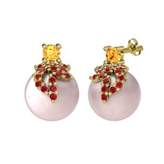 Afra İnci Küpe - Sitrin, garnet ve pembe inci 18 ayar altın küpe #ybh6i3