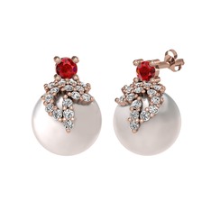 Garnet, beyaz zirkon ve inci 14 ayar rose altın küpe