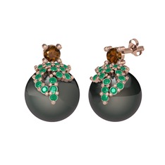 Afra İnci Küpe - Dumanlı kuvars, kök zümrüt ve siyah inci 8 ayar rose altın küpe #ymsuhw