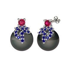 Rodolit garnet, lab safir ve siyah inci 925 ayar gümüş küpe