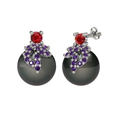 Garnet, ametist ve siyah inci 18 ayar beyaz altın küpe