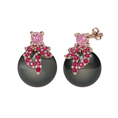 Afra İnci Küpe - Pembe kuvars, rodolit garnet ve siyah inci 8 ayar rose altın küpe #zalan4