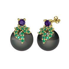 Afra İnci Küpe - Ametist, kök zümrüt ve siyah inci 8 ayar altın küpe #zdnfkt