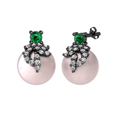 Yeşil kuvars, swarovski ve pembe inci 925 ayar siyah rodyum kaplama gümüş küpe