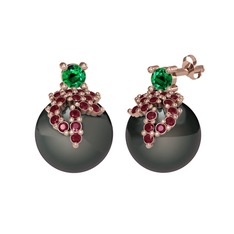 Afra İnci Küpe - Yeşil kuvars, kök yakut ve siyah inci 8 ayar rose altın küpe #zfhu8b