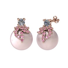Pırlanta, pembe kuvars ve pembe inci 14 ayar rose altın küpe (0.22 karat)