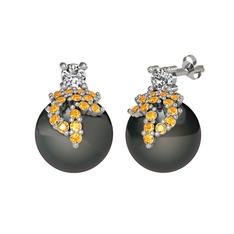 Afra İnci Küpe - Swarovski, sitrin ve siyah inci 14 ayar beyaz altın küpe #zn3lxx