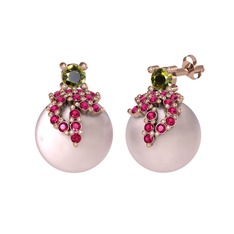 Peridot, rodolit garnet ve pembe inci 18 ayar rose altın küpe