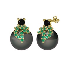 Afra İnci Küpe - Siyah zirkon, kök zümrüt ve siyah inci 18 ayar altın küpe #zxmbe2