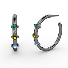 Akuamarin, peridot ve yeşil kuvars 925 ayar siyah rodyum kaplama gümüş küpe