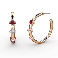 Pembe kuvars, swarovski ve kök yakut 8 ayar rose altın küpe