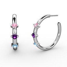 Akuamarin, ametist ve pembe kuvars 14 ayar beyaz altın küpe