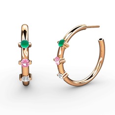 Swarovski, pembe kuvars ve kök zümrüt 8 ayar rose altın küpe