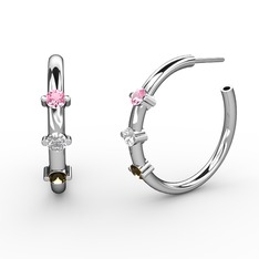 Dumanlı kuvars, beyaz zirkon ve pembe kuvars 14 ayar beyaz altın küpe