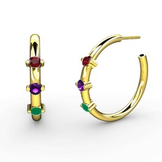 Kök zümrüt, ametist ve garnet 14 ayar altın küpe