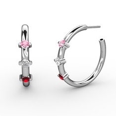 Garnet, beyaz zirkon ve pembe kuvars 14 ayar beyaz altın küpe