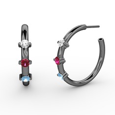 Akuamarin, rodolit garnet ve swarovski 925 ayar siyah rodyum kaplama gümüş küpe