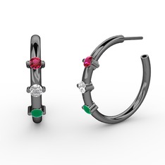 Kök zümrüt, swarovski ve rodolit garnet 925 ayar siyah rodyum kaplama gümüş küpe