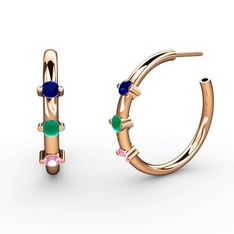 Pembe kuvars, kök zümrüt ve lab safir 8 ayar rose altın küpe